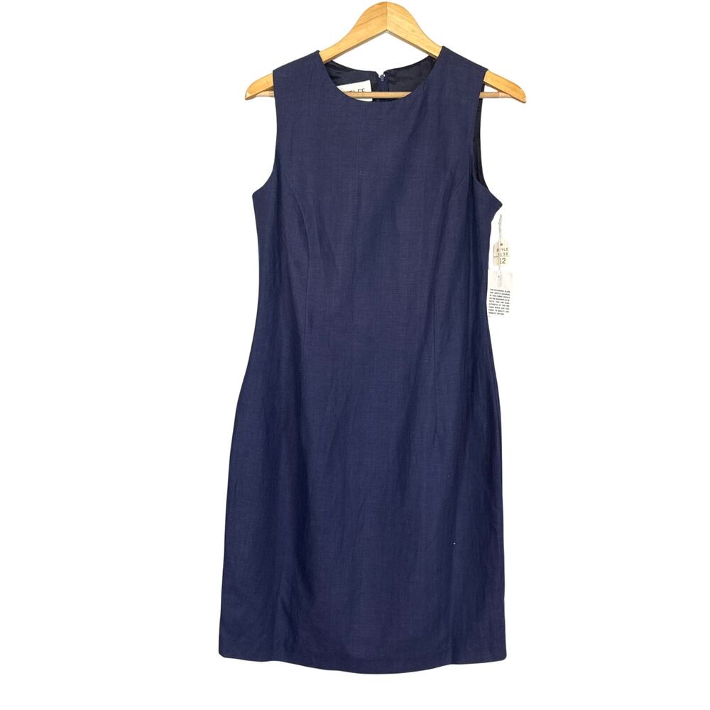 NEW Navy Blue Linen Shift Dress Sleeveless Womens 12 Minimalist Classic Vintage